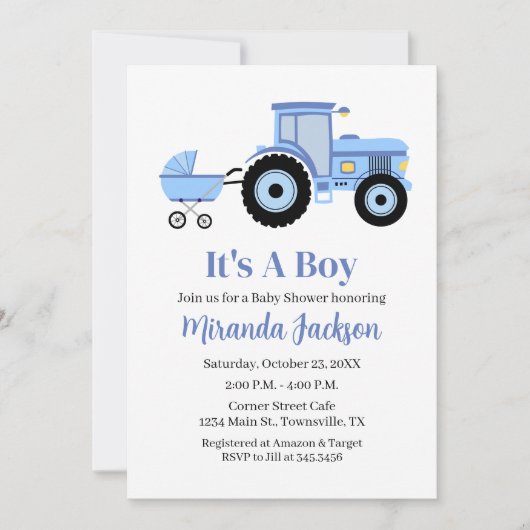 Tractor Baby Shower Invitation Blue (Devant)