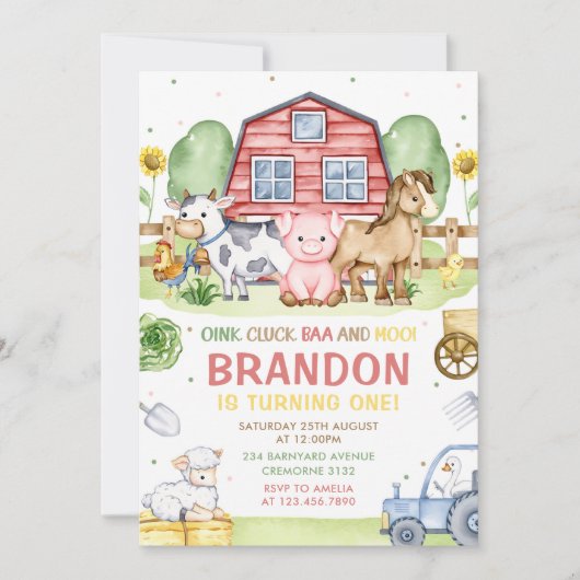 Tractor Boerderijdieren Oink Baa Moo 1e verjaardag Kaart (Voorkant)