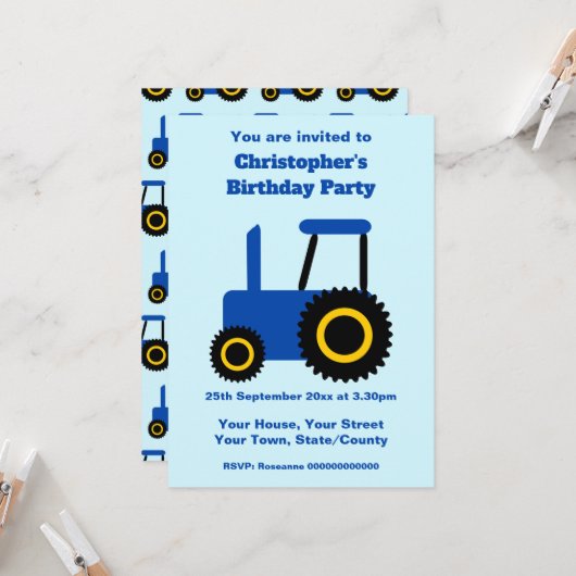 Tractor Design Personalised Birthday Party Kaart (Voorkant / Achterkant in situ)