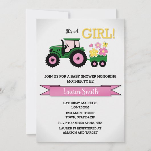 Tractor Girl Baby shower Invitation, roze tractor Kaart (Voorkant)