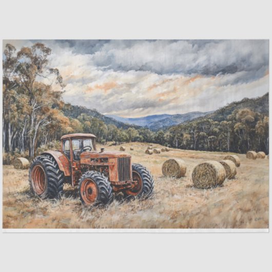 Tractor in een hooiveld rustieke decoupage tissuepapier (Voorkant)