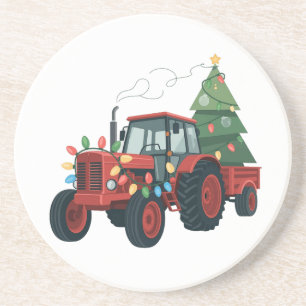 Tractor met aanhangwagen Santa boerderij boer Kers Zandsteen Onderzetter