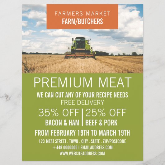 Tractor op het veld, boer & slager advertentie flyer (Voorkant)