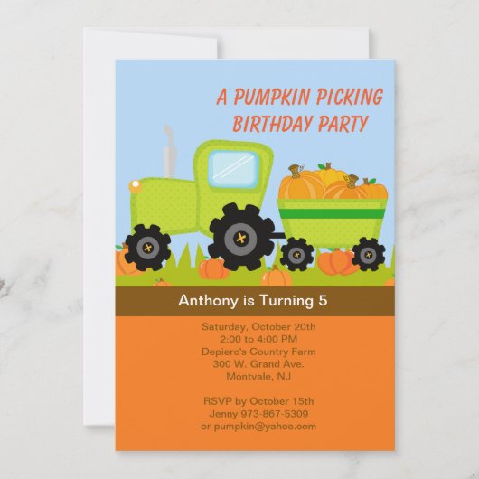 Tractor Pumpkin Birthday Party Invitation Kaart (Voorkant)