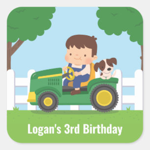 Tractorjongen en hond boerderijkinderen verjaardag vierkante sticker