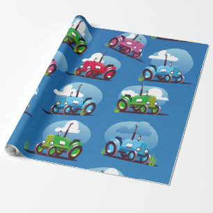 Tractorpatroon (blauwe achtergrond) cadeaupapier