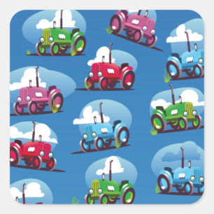 Tractorpatroon (blauwe achtergrond) vierkante sticker