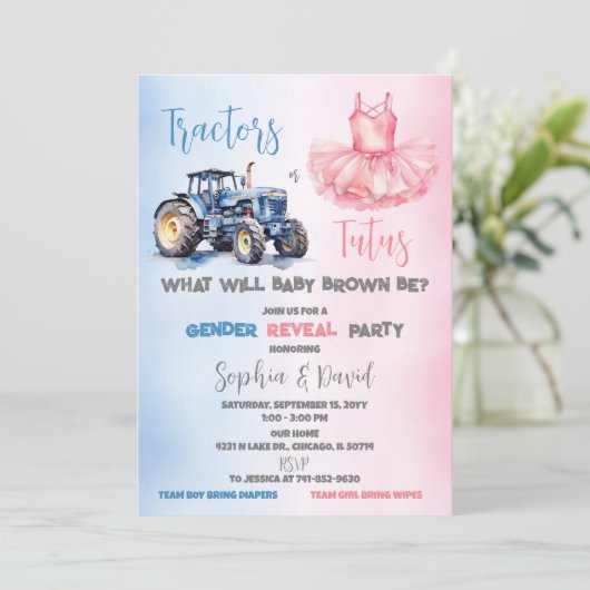 Tractors of Tutus Gender Onthulling Party Kaart (Staand voorkant)