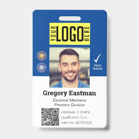 Tradesman Photo ID Vaccine QR Code Bleu Badge (Avant)