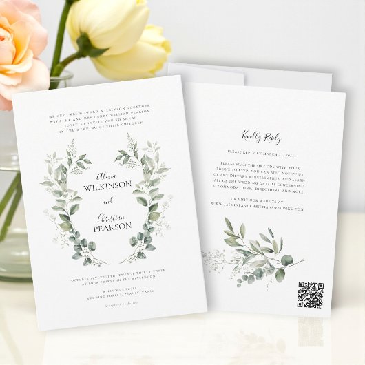 Traditional Botanical Greenery Wedding QRCode RSVP Kaart