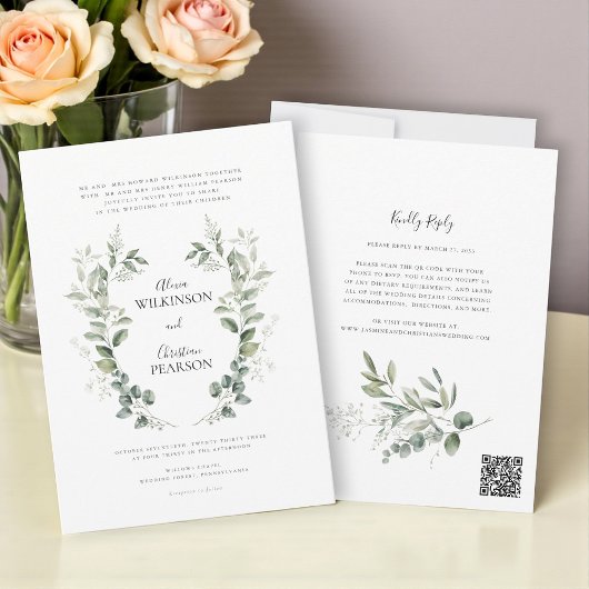 Traditional Botanical Greenery Wedding QRCode RSVP Kaart