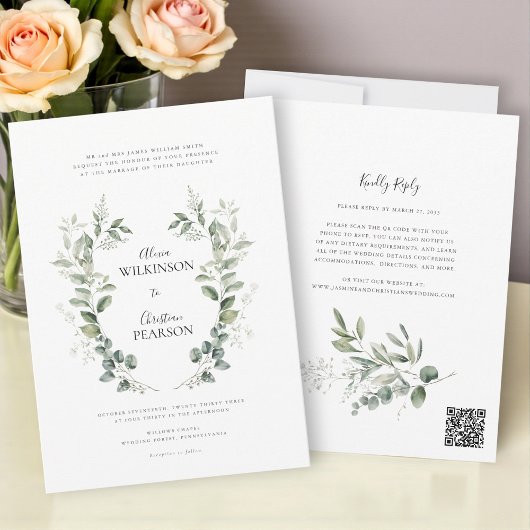 Traditional eucalptus Greenery Wedding QR Code Kaart