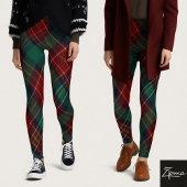 Traditional Green Red Diagonal Tartan Plaid Leggings