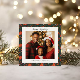 Traditional Green & Red Poinsettia Photo Christmas Kaart