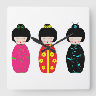 Traditional Japanese Kokeshi Geisha Dolls Vierkante Klok