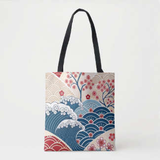 Traditional Red Blue Japanese Wave Sakura Pattern Draagtas