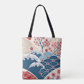 Traditional Red Blue Japanese Wave Sakura Pattern Draagtas (Achterkant)