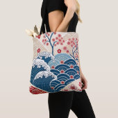 Traditional Red Blue Japanese Wave Sakura Pattern Draagtas (Dichtbij)