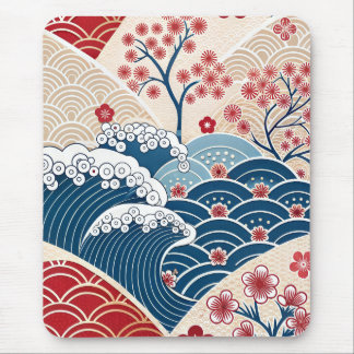 Traditional Red Blue Japanese Wave Sakura Pattern Muismat