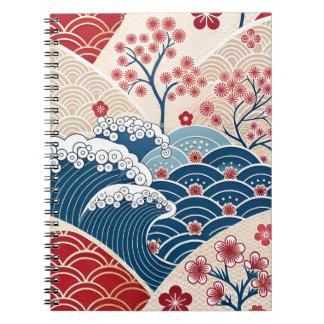 Traditional Red Blue Japanese Wave Sakura Pattern Notitieboek