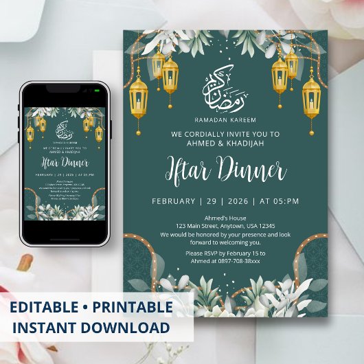 Traditional Teal Pattern Ramadan Iftar Dinner Kaart