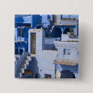 Traditioneel blauw geschilderd huis, Jodphur Vierkante Button 5,1 Cm