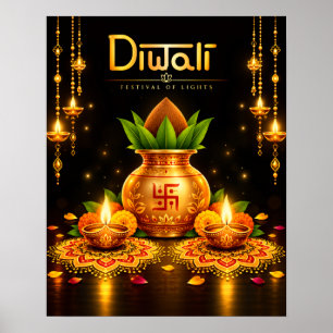 Traditioneel Diwali Kalash en Diyas Festival Ontwe Poster