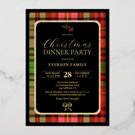 Traditioneel gouden feestelijk gespeeld kerstfeest folie uitnodiging (Voorkant)