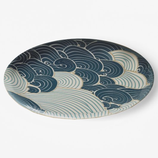 Traditioneel Japans blauw golfkeramisch ontwerp Papieren Bordje (Gekanteld)