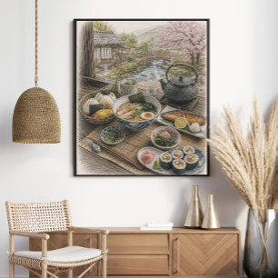 Traditioneel Japans ontbijt naast een tuin Poster