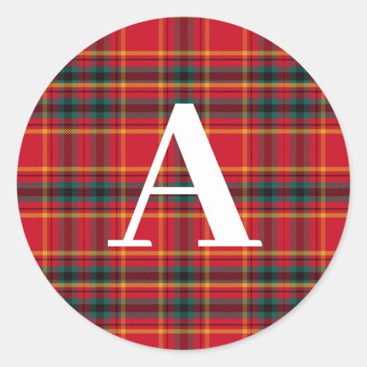 Traditioneel Kerst Rood en Groen Plaid Monogram Ronde Sticker (Voorkant)