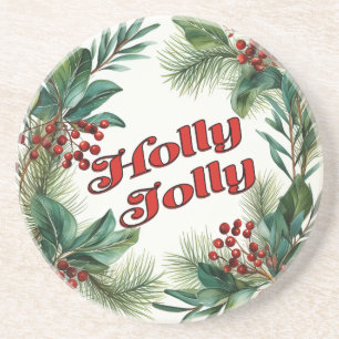 Traditioneel Kerstmis "Holly Jolly" Script Zandsteen Onderzetter