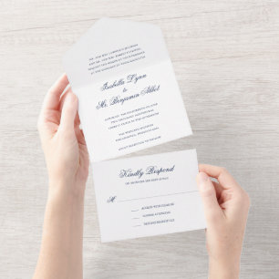 Traditioneel marineblauw formeel elegant huwelijk all in one uitnodiging