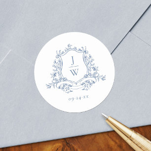 Traditioneel Monogram Wapen Blauw Elegant Huwelijk Ronde Sticker