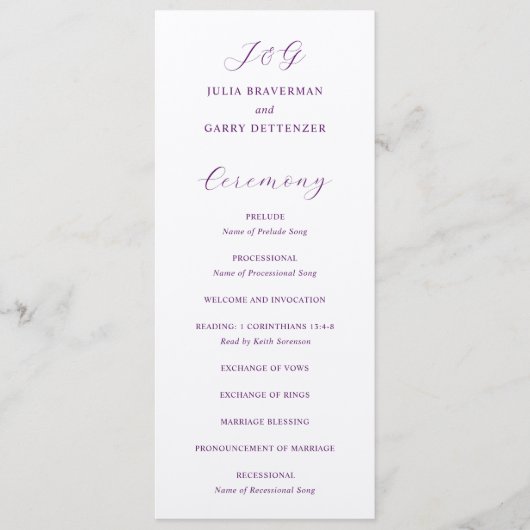 Traditioneel Paars Elegant Huwelijk Programma (Voorkant)