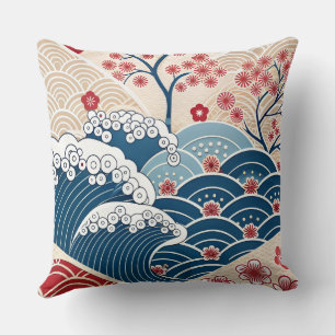Traditioneel Rood Blauw Japans Golf Sakura Patroon Kussen