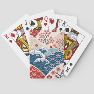 Traditioneel rood-blauw Japans golf Sakura-patroon Pokerkaarten