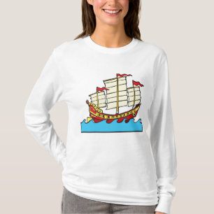 Traditioneel rood Chinees jonken schip op blauwe g T-shirt