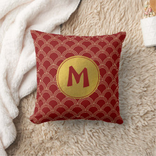 Traditioneel rood en goud Chinees patroonmonogram Kussen