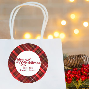 Traditioneel rood geruite tartan vrolijk kerstfees ronde sticker