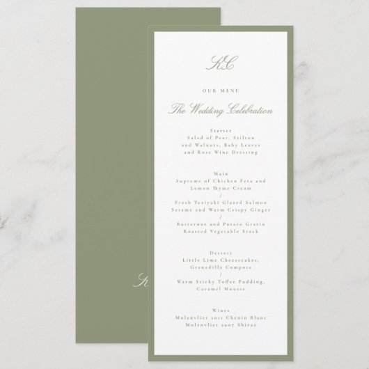 Traditioneel saliegroen monogram trouwfeest menu (Voorkant / Achterkant)