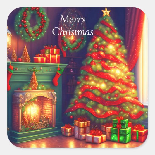 Traditioneel  stijl kerstboom vierkante sticker (Voorkant)