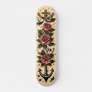 Traditioneel Tattoo ontwerp, anker, Rozen & zwaluw Skateboard