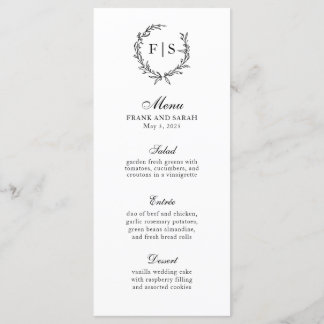 Traditioneel zwart-wit monogrammenkransmenu menu