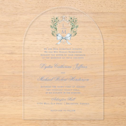 Traditionele bladkam w / boog | Monogram bruiloft Acryl Uitnodigingen (Voorkant)