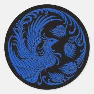 Traditionele Blue Phoenix Circle op zwart Ronde Sticker