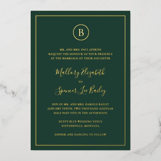 Traditionele bosgroene elegante bruiloft folie uitnodiging (Voorkant)