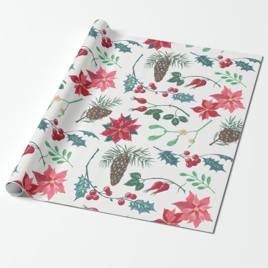 Traditionele Botanische Kerstmis Cadeaupapier (Uitgerold)