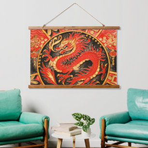 Traditionele Chinese draak rood goud Hangend Wandkleed