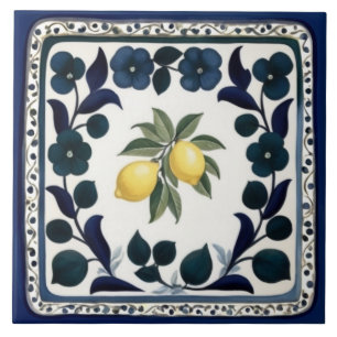 Traditionele citroenen donkerblauw en wit bloemmot tegeltje